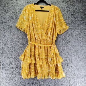 Simply Vera Dress Womens XL Yellow Wrap Belted Ruffle Hem Short Sleeve